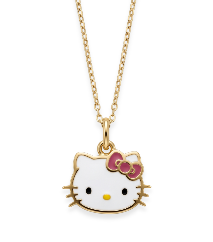 Front View of Cleo Kitty Enamel Pendant Necklace in 18k Gold Fixed Length Yellow with Hallmark Stamp Metal One Size 1.5gms