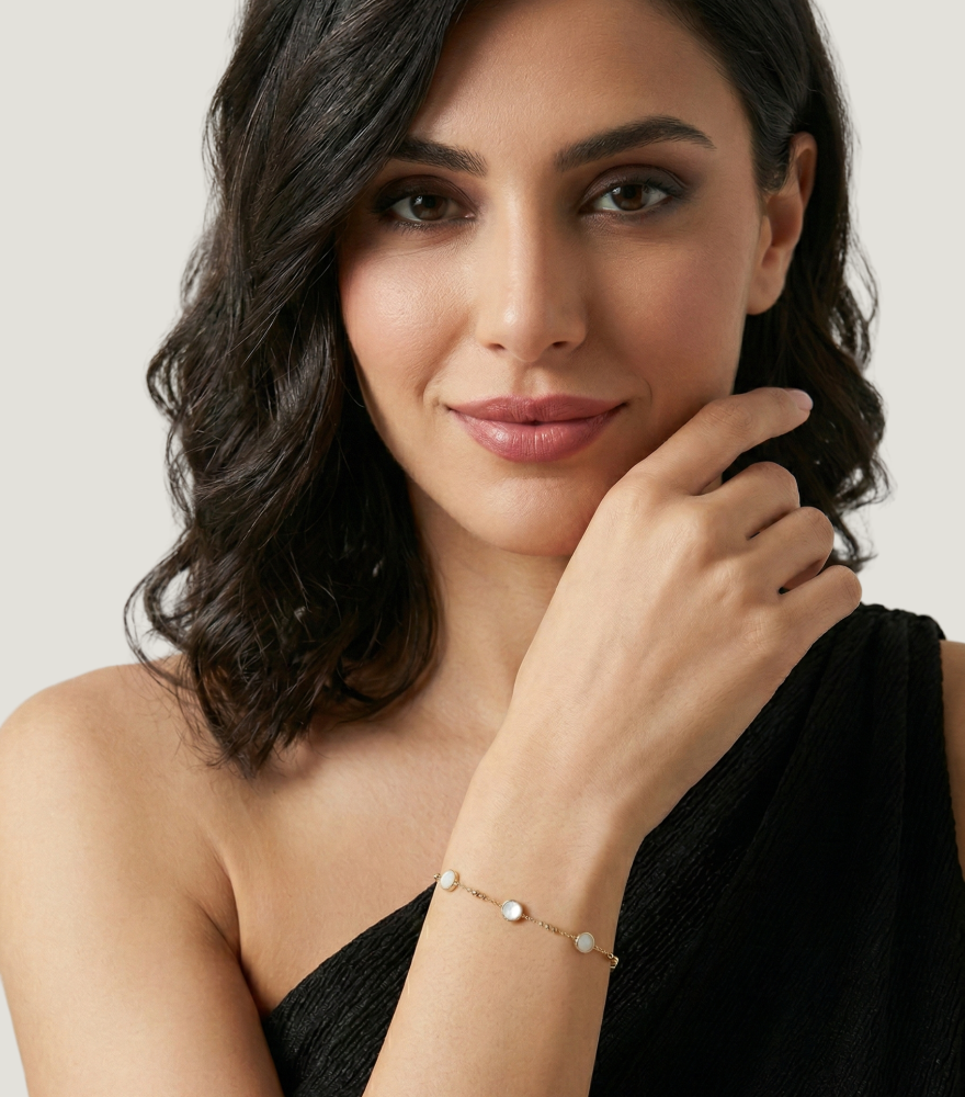 Alternate View of Model Wearing Nisa Mother of Pearl Bracelet in 18K Gold Adjustable Length 18k Yellow with Hallmark Stamp One Size 1.4gms