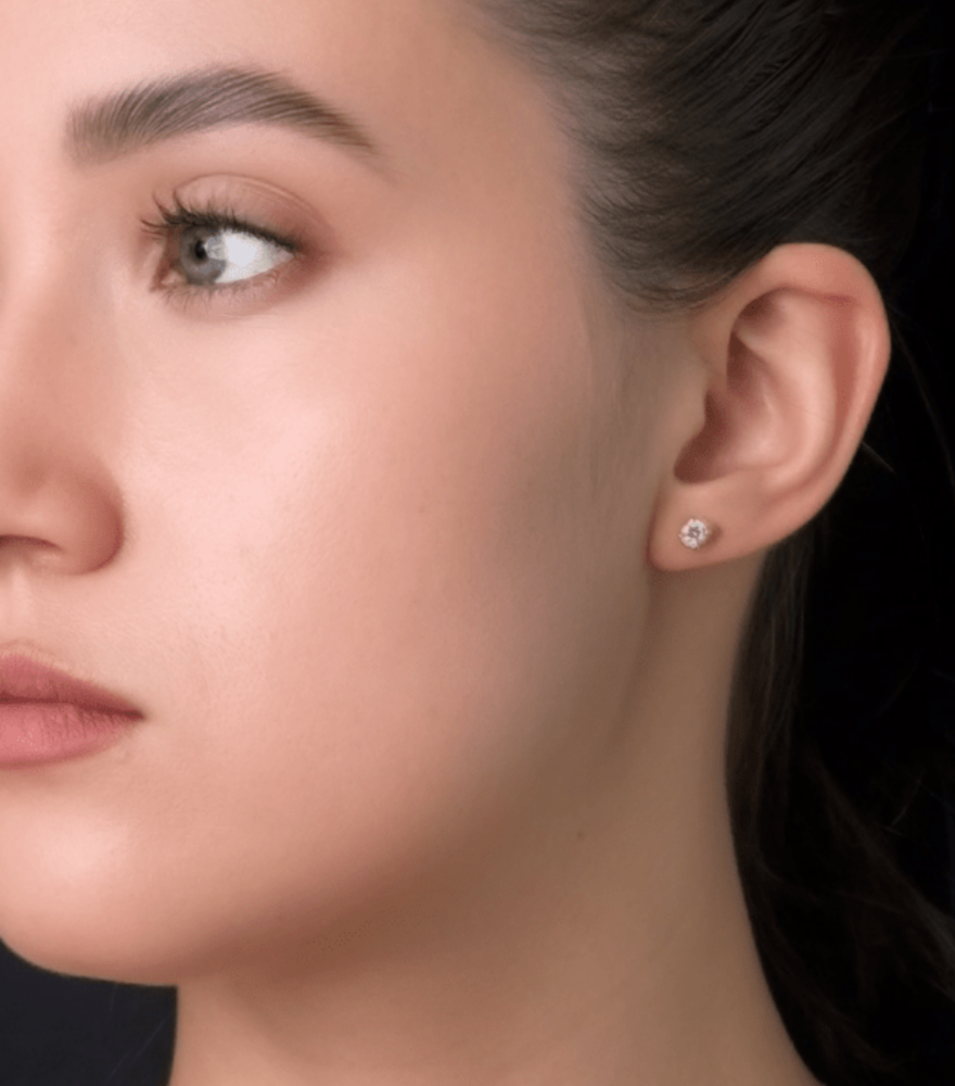 Model Wearing Maria Solitaire Stud Earrings in 18kt Gold Jewelry for Pierced Ears 18k Yellow with Hallmark Stamp Metal One Size 1.5gms