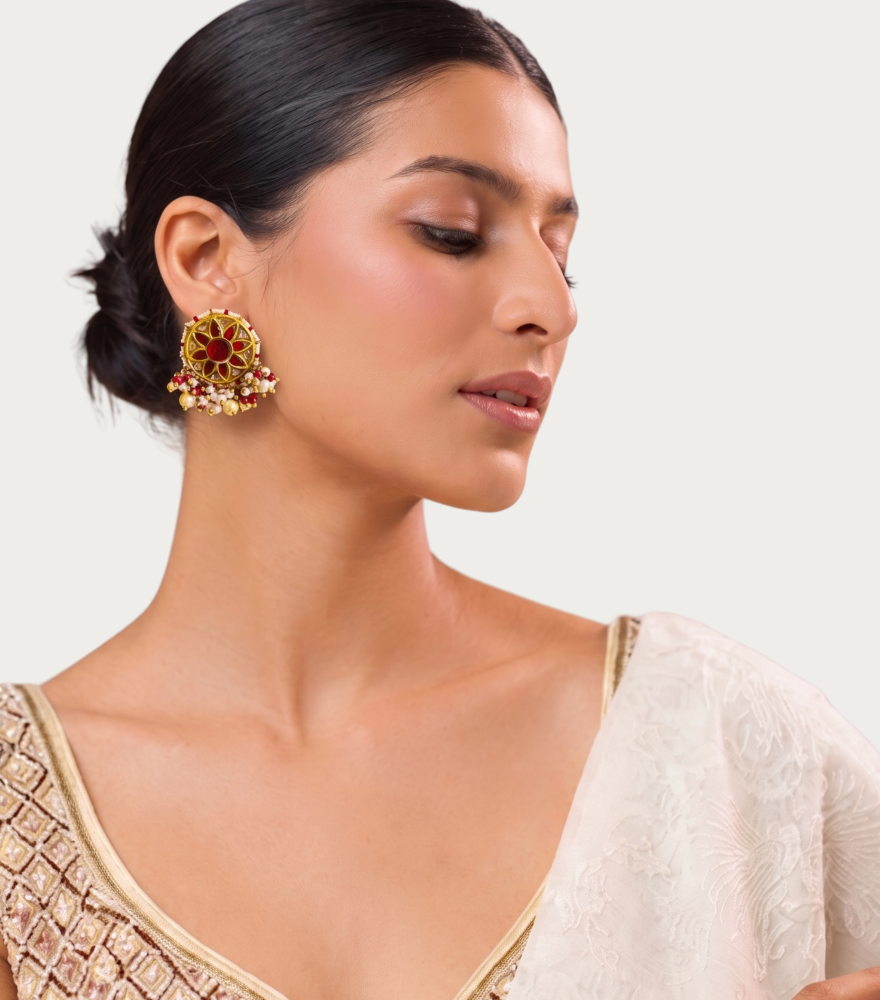 Alternate View of Model Wearing Shivani Uncut Polki Earrings in Gold Jewelry for Pierced Ears 18k Yellow with Hallmark Stamp Metal Stone One Size 25gms