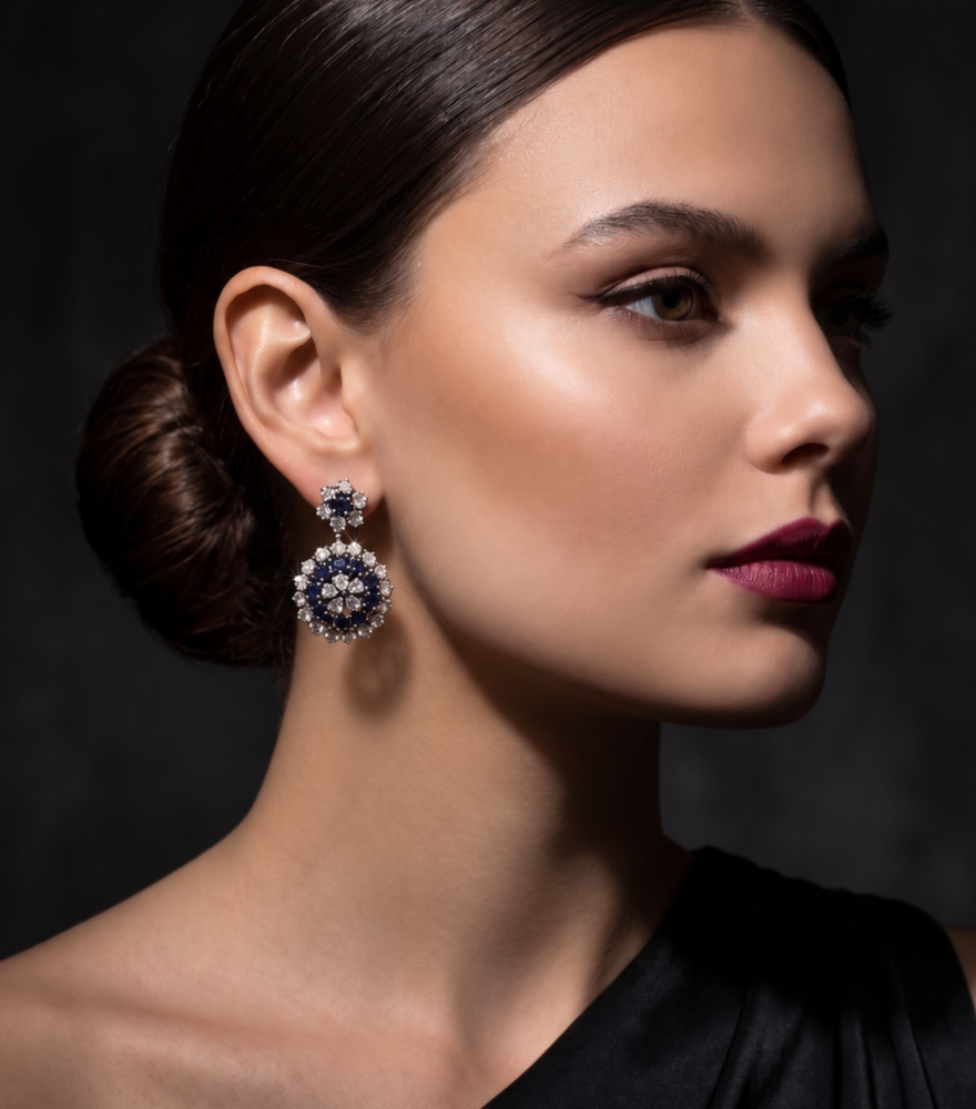 Alternate View of Model Wearing Riya Polki & Blue Sapphire Detachable Silver Earrings Jewelry for Pierced Ears 925 Sterling Metal One Size 11.91gms