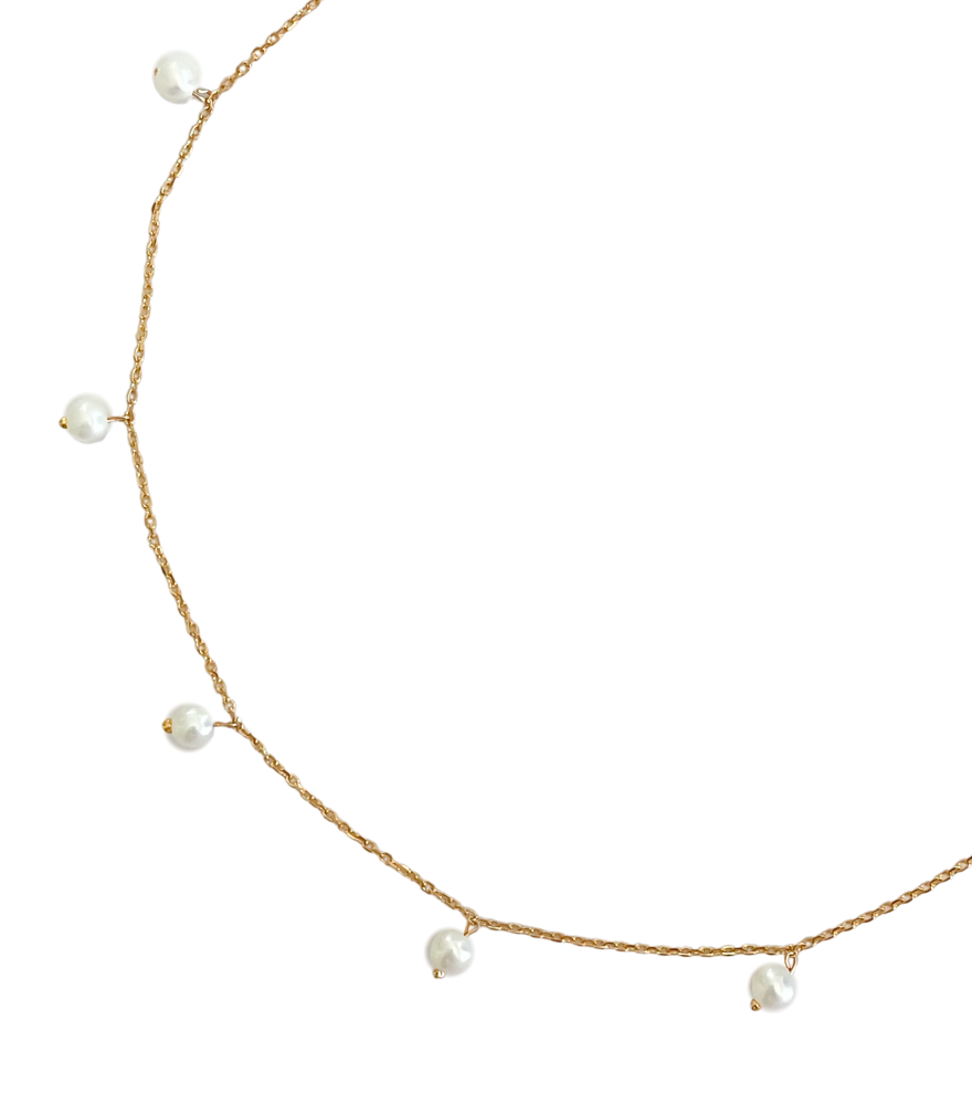 Closeup of Aurora Pearl Charm Anklet in 18k gold Adjustable Length Yellow Gold with Hallmark Stamp Metal Stone 9 inches 1.3gms