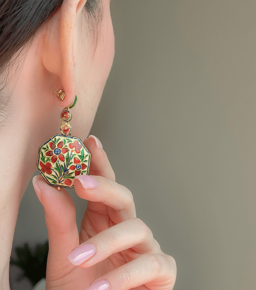 Alternate View of Model Wearing Naina Single Cut Polki Diamond Earrings in 18k Gold Jewelry for Pierced Ears Yellow with Hallmark Stamp Metal One Size 32.5gms