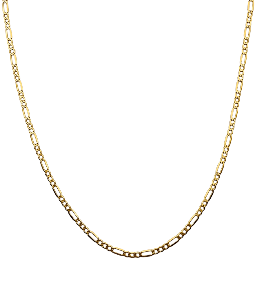 Front View of Chic Figaro chain necklace in 18k Gold Fixed Length Yellow with Hallmark Stamp Metal One Size 2.2gms