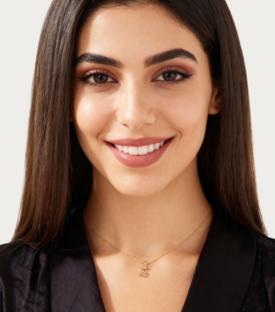 Alternate View of Model Wearing Letter 'S' Initials Pendant Necklace in 18k Gold Fixed Length Yellow with Hallmark Stamp Metal One Size 1.3gms