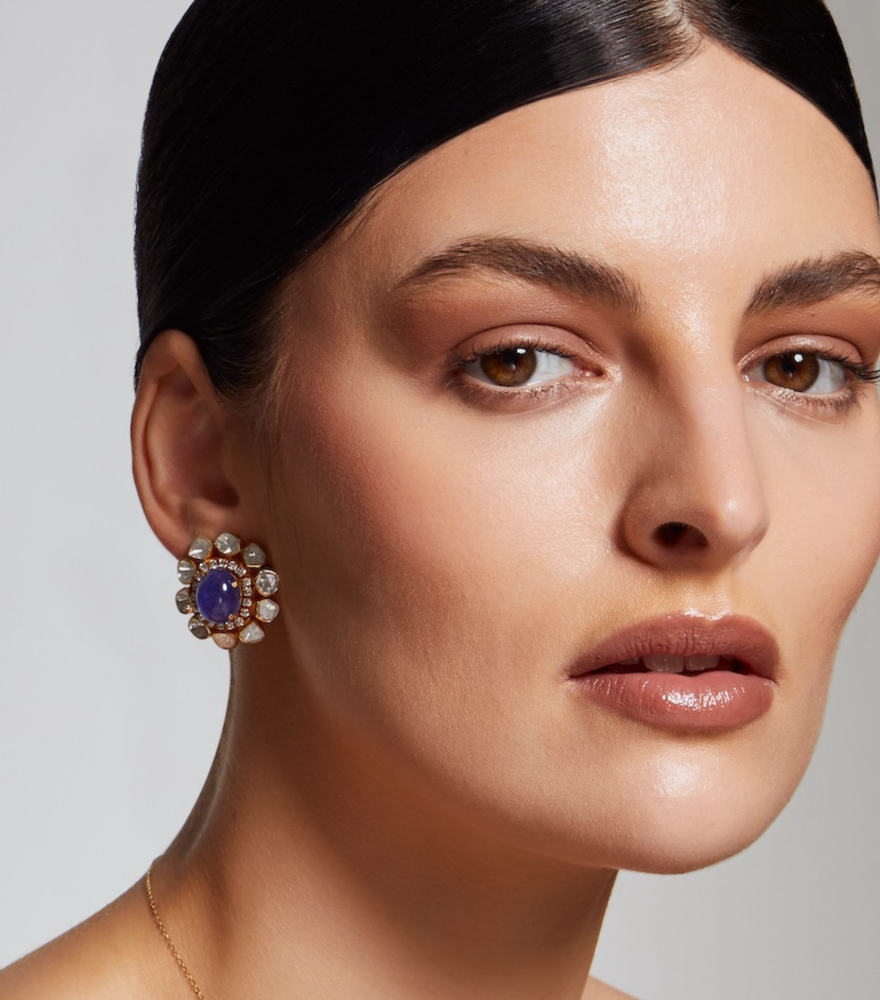 Alternate View of Model Wearing Gayatri Stud Earrings Jewelry for Pierced Ears 18k Yellow Gold with Hallmark Stamp Metal One Size 19.43gms