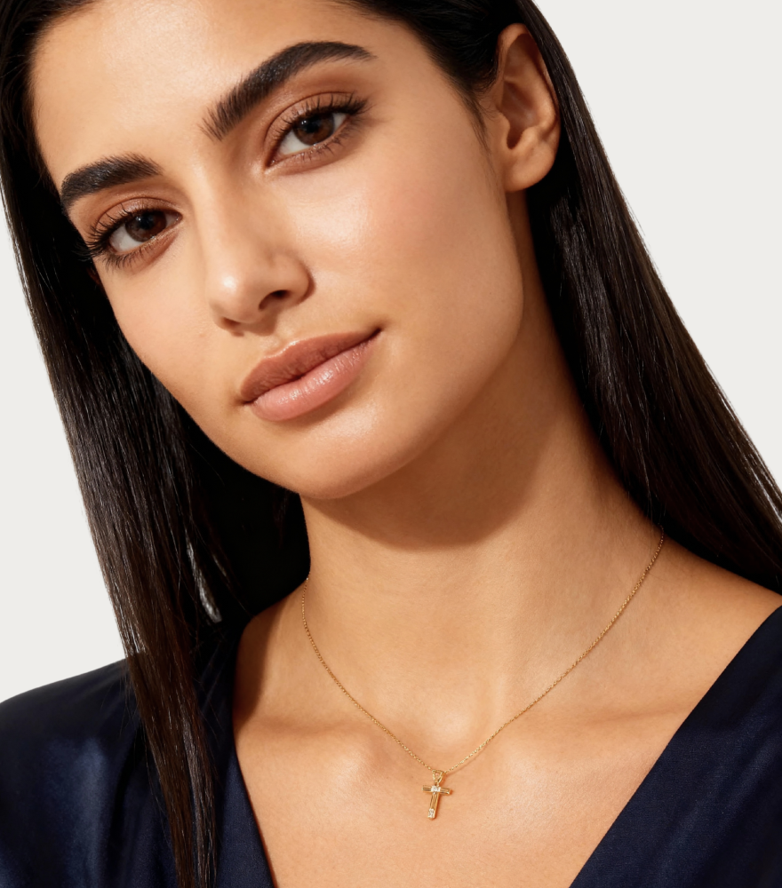 Model Wearing Letter 'T' Initials Pendant Necklace in 18k Gold Fixed Length Yellow with Hallmark Stamp Metal 1.2gms
