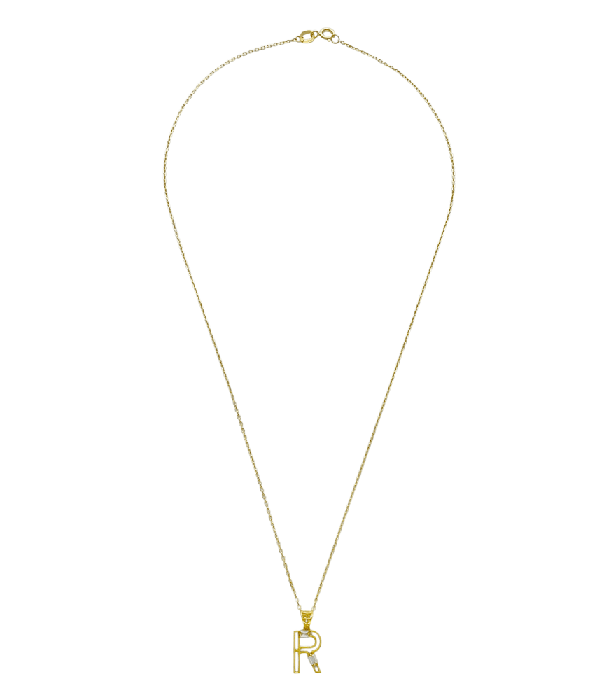 Rear View of Letter 'R' Initials Pendant Necklace in 18k Gold Fixed Length Yellow with Hallmark Stamp Metal One Size 1.3gms