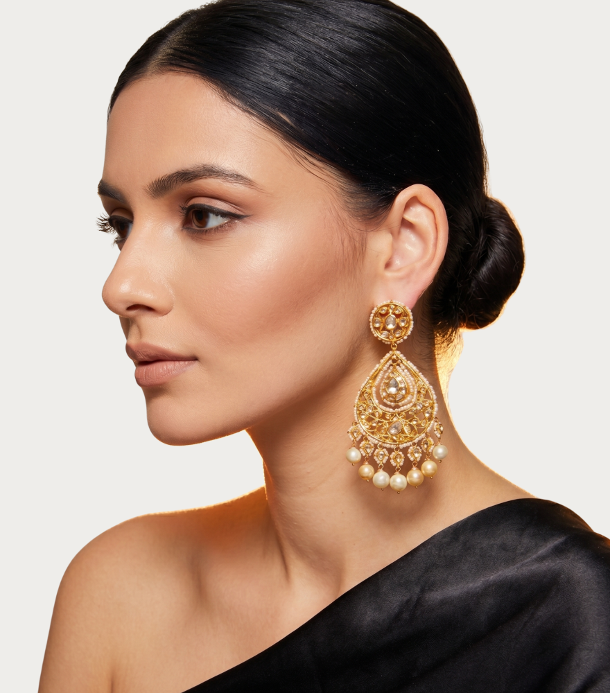Alternate View of Model Wearing Anjolie Chandbali Diamond Earrings in 18k Gold Jewelry for Pierced Ears Yellow with Hallmark Stamp Metal Stone One Size 60.3gms