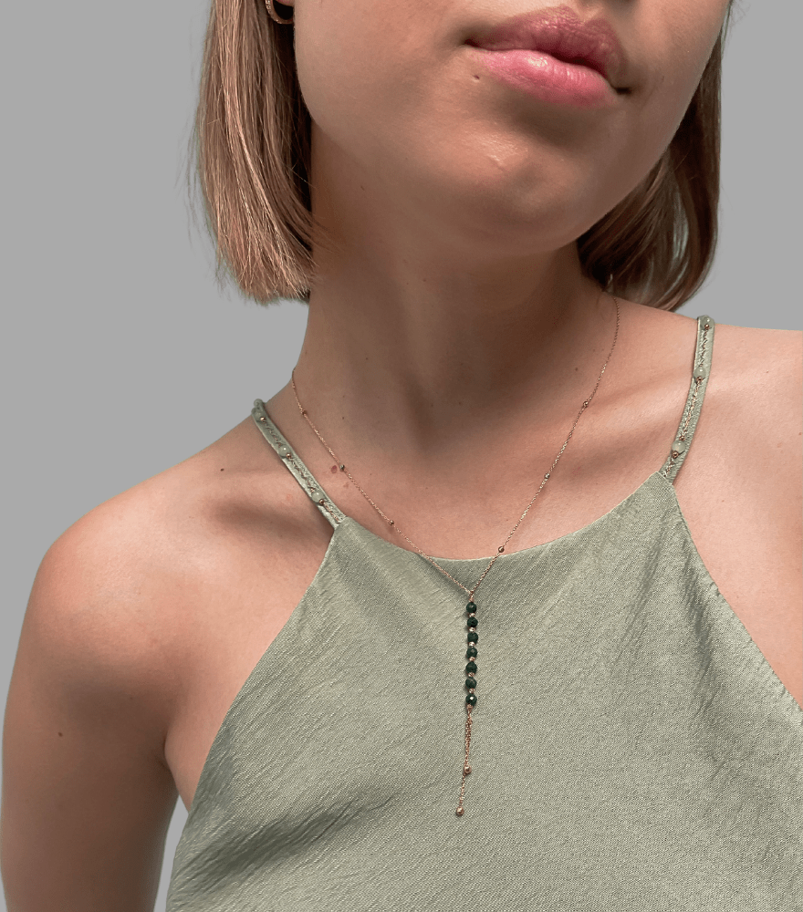 Model Wearing Lilian Lariat Necklace in 18K with Beaded Accents Fixed Length 18k Yellow Gold Hallmark Stamp Metal One Size 2.6gms