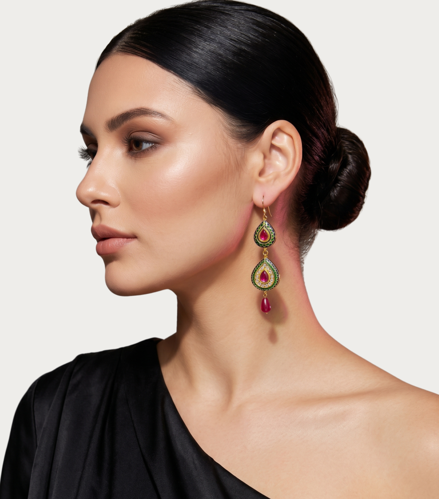Alternate View of Model Wearing Suhana Uncut Polki Dangle Earrings in 18k Gold Jewelry for Pierced Ears Yellow with Hallmark Stamp Metal Stone One Size