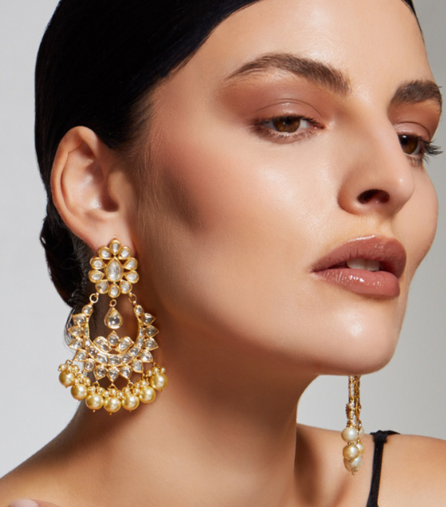 Model Wearing Rajkumari Chandbali Uncut Diamond Earrings in 18k Gold Jewelry for Pierced Ears Yellow with Hallmark Stamp Metal One Size 46.25gms