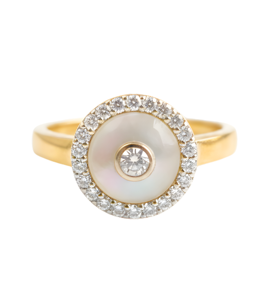 Front View of Celestia Pearl Ring in 18K Gold Comfort Fit 18k Yellow with Hallmark Stamp One Size 3.2gms