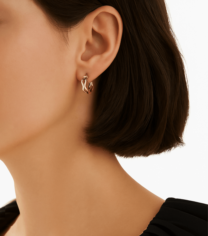 Model Wearing Fiorella Hoop Earrings in 18k Gold Jewelry for Pierced Ears Yellow with Hallmark Stamp Metal One Size 2.9gms