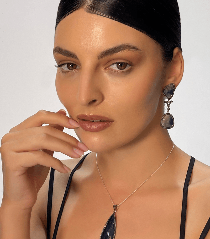 Alternate View of Model Wearing Aasha Earrings Jewelry for Pierced Ears 925 Sterling Silver Metal Stone One Size 17.2gms
