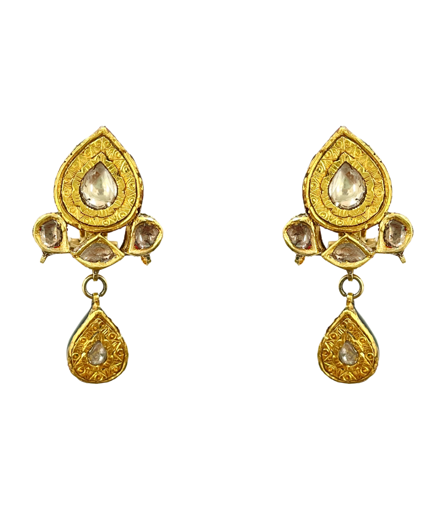 Front View of Ruhani Uncut Polki Diamond Earrings in 18k Gold Jewelry for Pierced Ears Yellow with Hallmark Stamp Metal Stone One Size 12.9gms