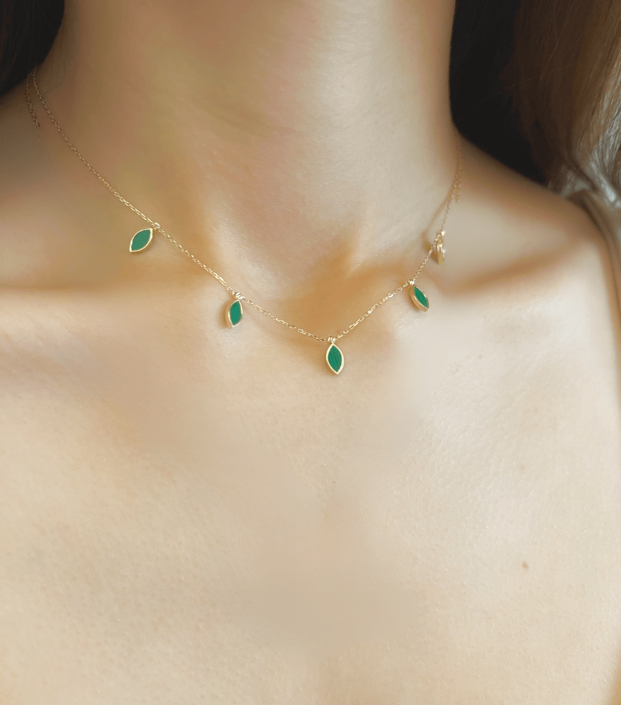 Alternate View of Model Wearing Hala Malachite Necklace in 18k Gold Adjustable Length Yellow with Hallmark Stamp Metal One Size 1.8gms