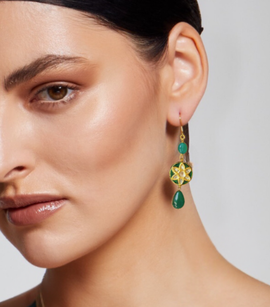 Model Wearing Nikita Uncut Polki Earrings in Gold Jewelry for Pierced Ears 18k Yellow with Hallmark Stamp Metal Stone One Size 7.1gms