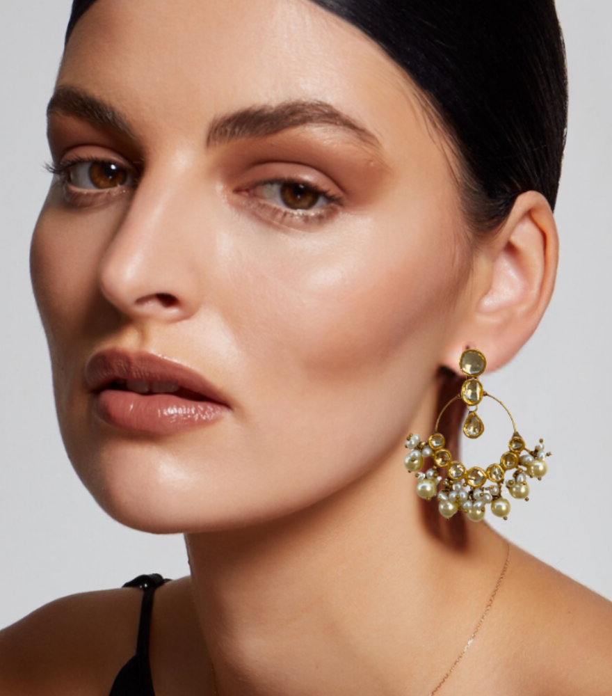 Model Wearing Rishika Chandbali Earrings In 18k Gold Jewelry for Pierced Ears Yellow with Hallmark Stamp Metal Stone 6 cm 25.9gms