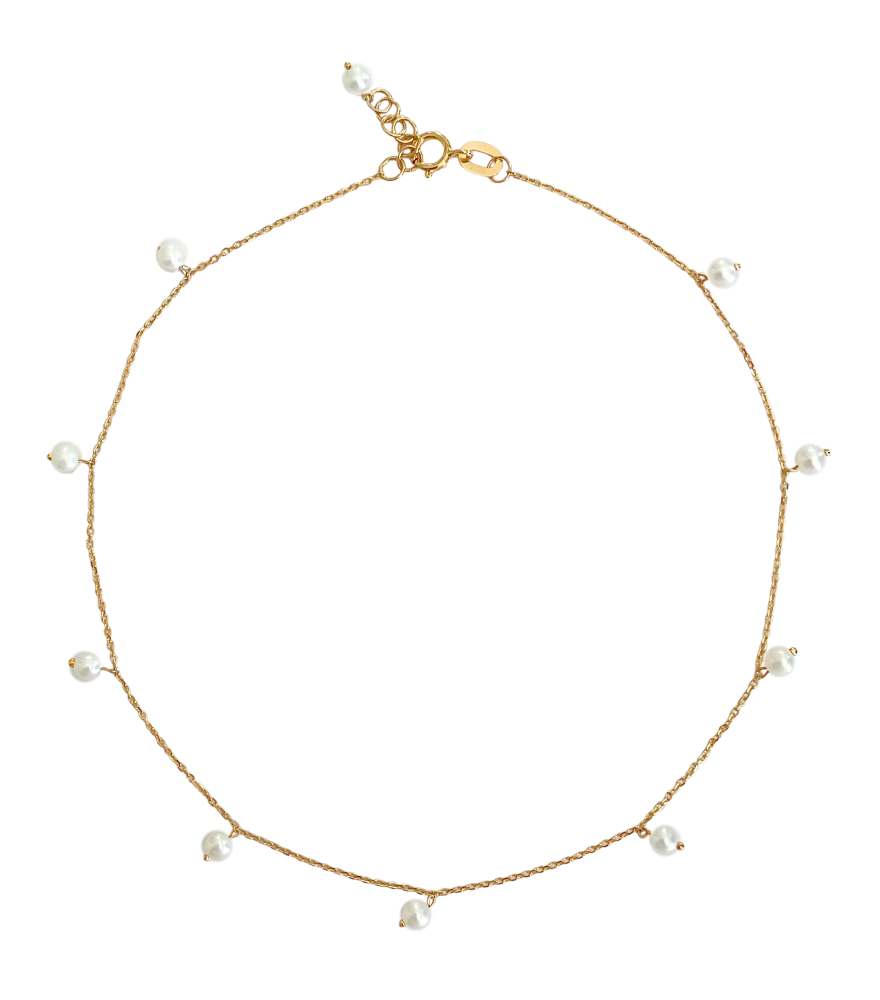 Front View of Aurora Pearl Charm Anklet in 18k gold Adjustable Length Yellow Gold with Hallmark Stamp Metal Stone 9 inches 1.3gms