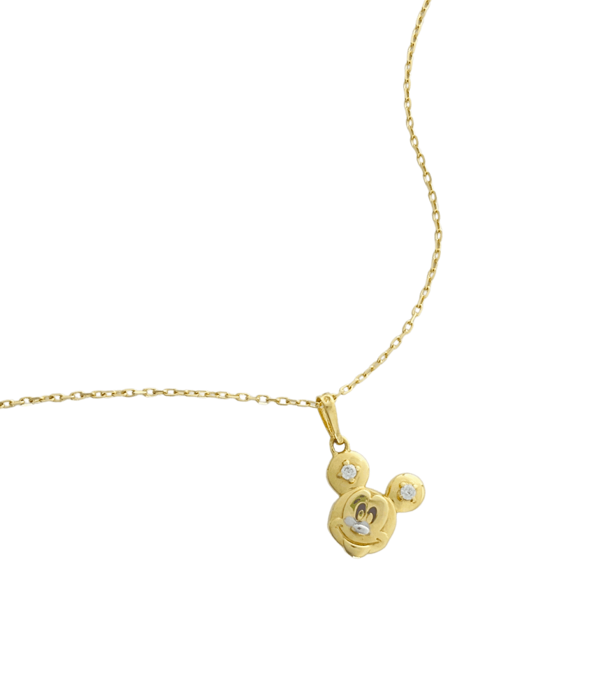Closeup of Golden Mouse Charm Pendant Necklace in 18K Gold Adjustable Length 18k Yellow with Hallmark Stamp Metal One Size 1.7gms