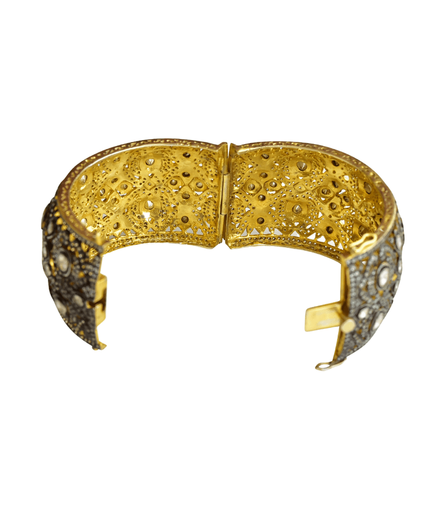 Rear View of Bina Cuff in Sterling Silver Comfort Fit 18k Gold Plated 925 Metal One Size 104.3gms Yellow
