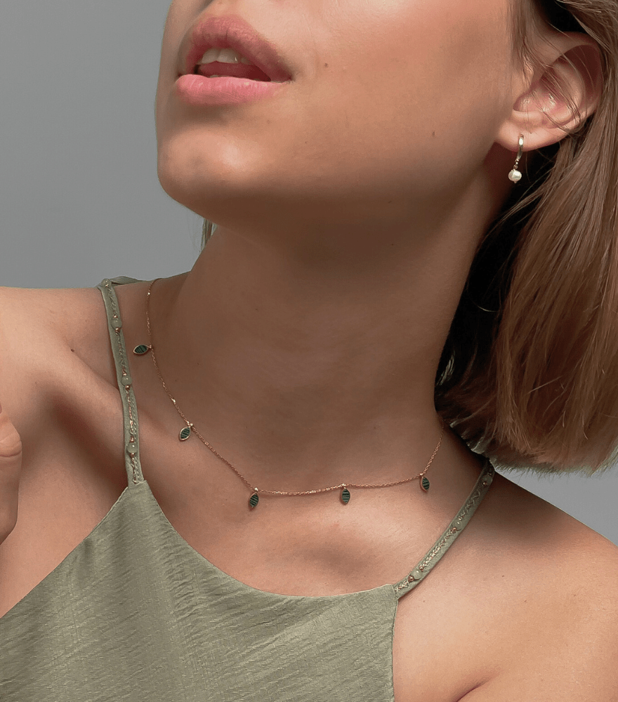 Model Wearing Hala Malachite Necklace in 18k Gold Adjustable Length Yellow with Hallmark Stamp Metal One Size 1.8gms