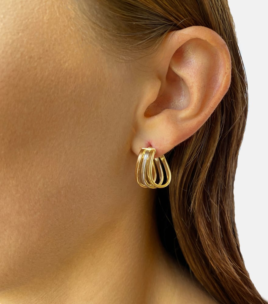 Model Wearing Zina Hoop Earrings in 18k Gold Jewelry for Pierced Ears Yellow with Hallmark Stamp One Size 1.9gms