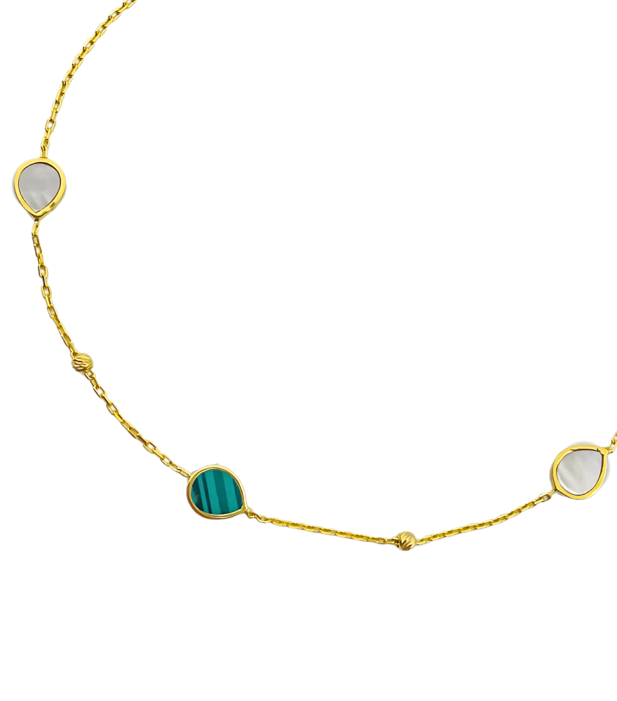 Closeup of Hala Malachite and Mother of Pearl Bracelet in 18k Gold Adjustable Length Yellow with Hallmark Stamp Metal Stone 7 inches 1gms