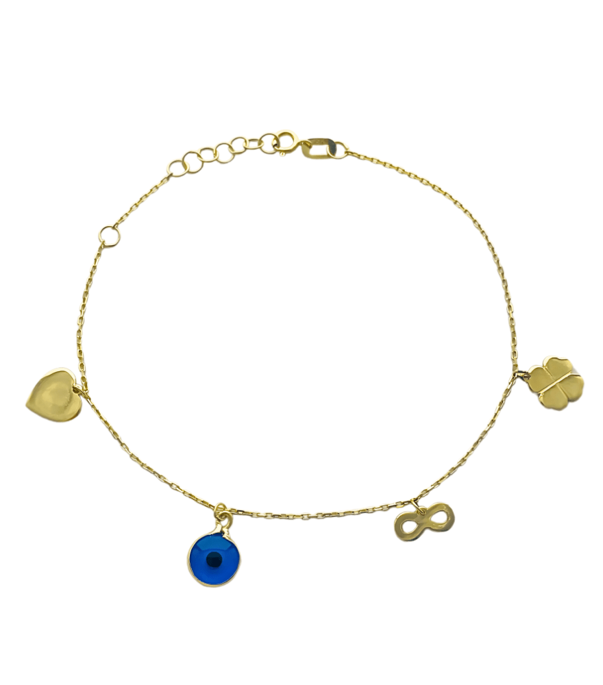 Front View of Jovie Lucky Charms Bracelet in 18k Gold Adjustable Length Yellow with Hallmark Stamp 7.5 inches 2gms