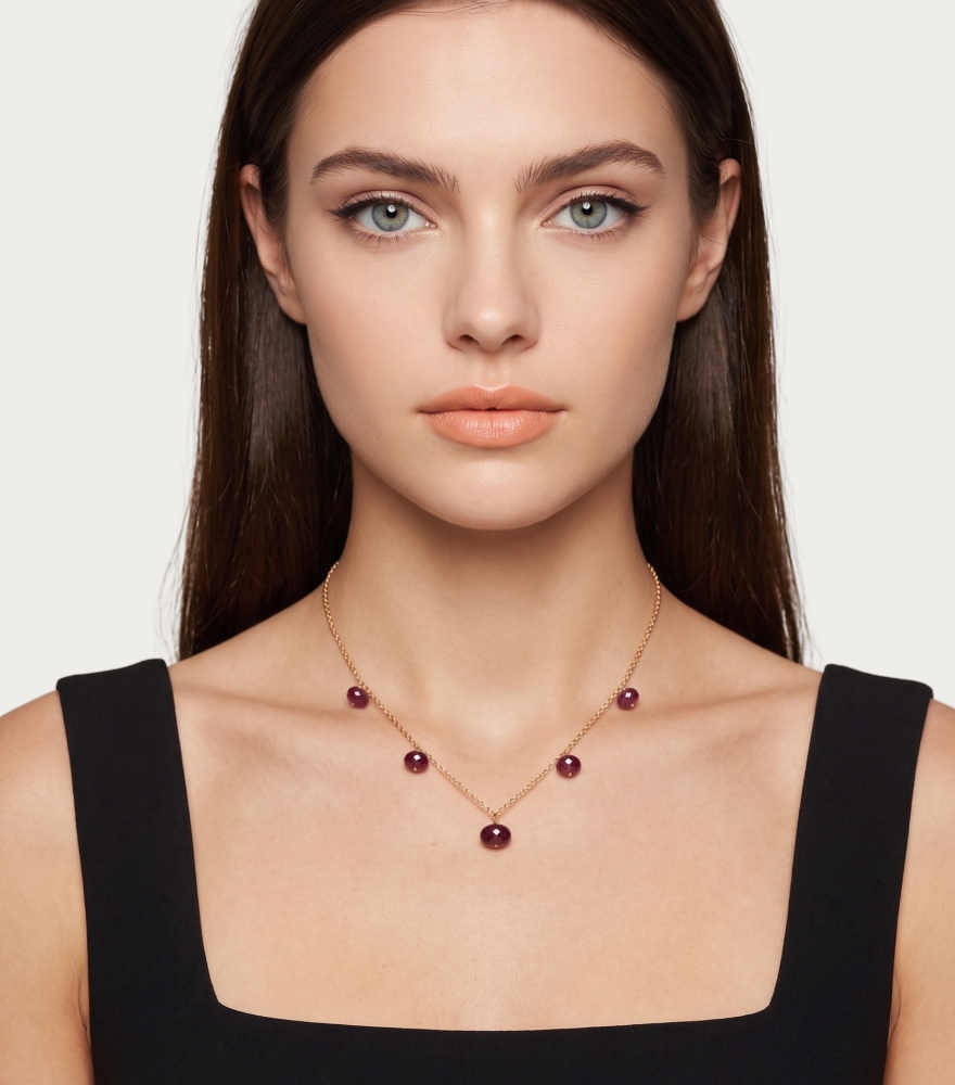 Alternate View of Model Wearing Gold & Ruby Necklace Comfort Fit 18k Yellow with Hallmark Stamp One Size 7.2gms