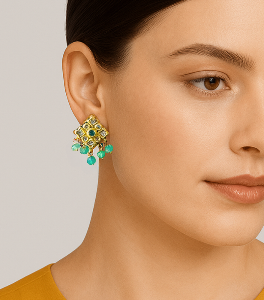 Model Wearing Swati Earrings in Gold Jewelry for Pierced Ears 18k Yellow with Hallmark Stamp Metal Stone One Size 10.3gms