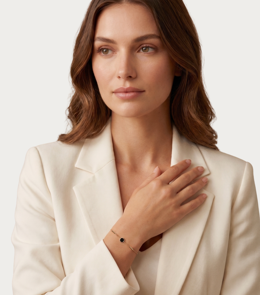 Alternate View of Model Wearing Inaya Mother of Pearl and Onyx Bracelet in 18k Yellow Gold Adjustable Length with Hallmark Stamp 7 inches 1.4gms