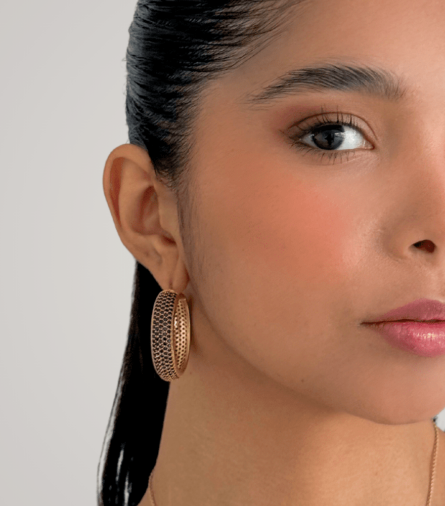 Model Wearing Pari Hoop Earrings - Sapphire Jewelry for Pierced Ears 18k Gold Plated 925 Sterling Silver One Size 20.8gms
