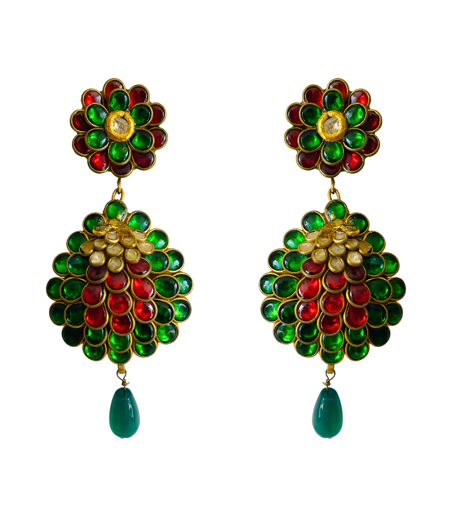 Front View of Simran Reversible Polki Earrings in Gold Jewelry for Pierced Ears 18k Yellow with Hallmark Stamp Metal Stone One Size 33gms