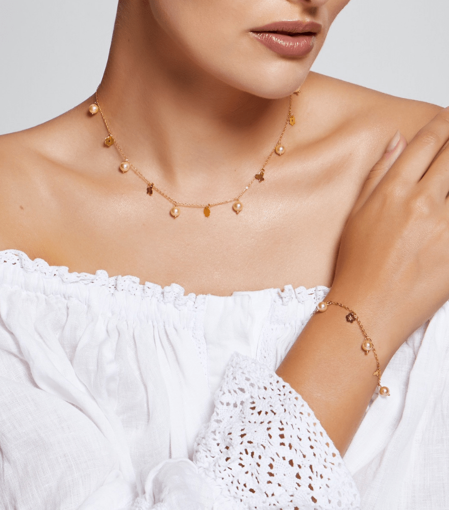 Alternate View of Model Wearing Farasha Charm Necklace in 18k Gold Fixed Length Yellow with Hallmark Stamp Metal One Size 4.2gms
