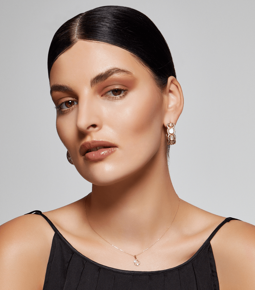 Alternate View of Model Wearing Shanaya Reversible Hoop Earrings in 18K Gold & Polki Diamonds Jewelry for Pierced Ears 18k Yellow with Hallmark Stamp Metal 3 cm 21.2gms