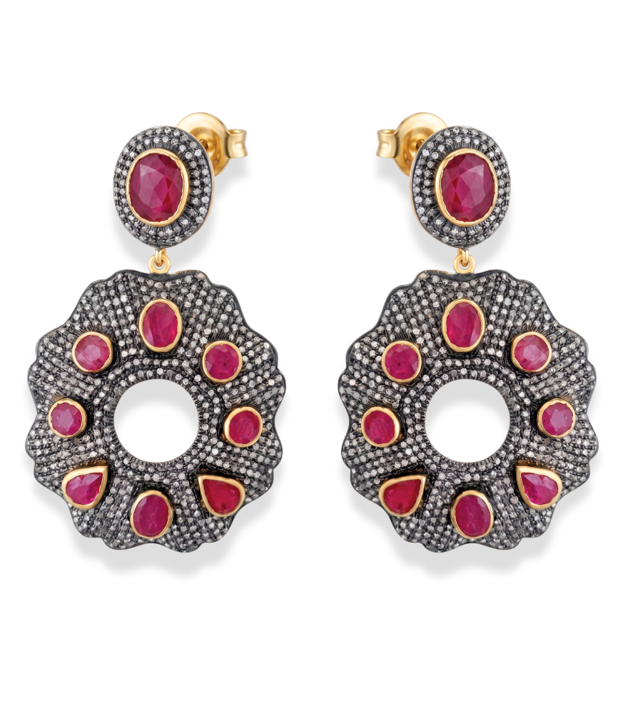 Front View of Nitya Earrings in Antique Silver Jewelry for Pierced Ears 18k Gold Plated 925 Sterling One Size 36.5gms