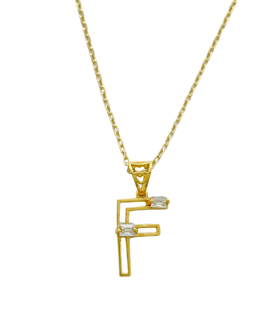 Front View of Letter 'F' Initials Pendant Necklace in 18k Gold Fixed Length Yellow with Hallmark Stamp Metal One Size 1.2gms