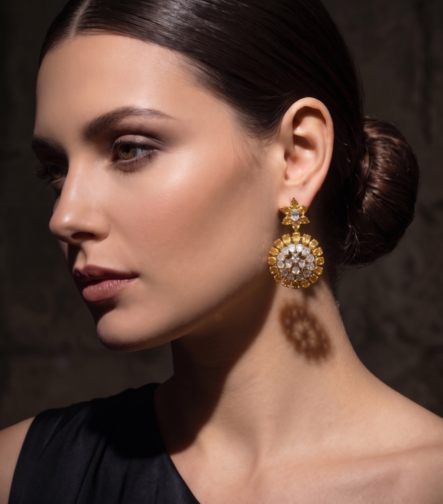 Alternate View of Model Wearing Kavya - Silver Earrings with Uncut Diamonds and Citrine Jewelry for Pierced Ears 925 Sterling One Size 31.63gms
