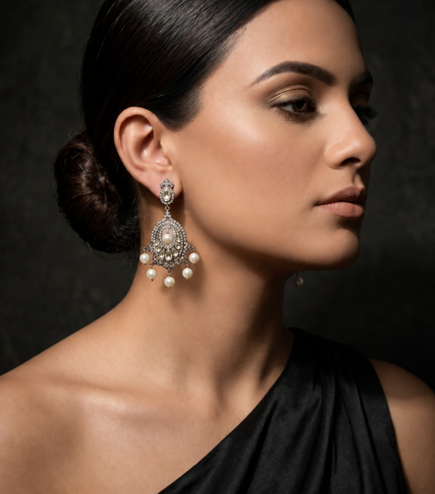 Model Wearing Rahila Chandbali Earrings Jewelry for Pierced Ears 18k Gold Plated 925 Sterling Silver One Size 26.1gms