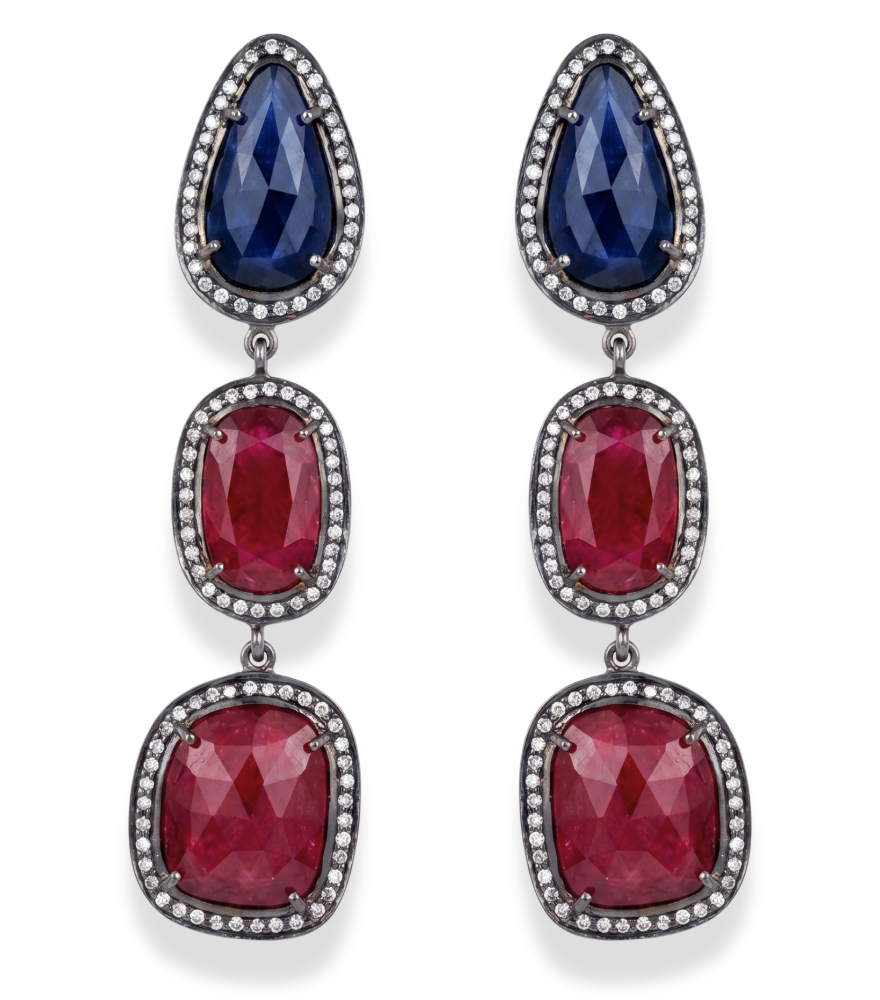 Front View of Vamika Gold-Plated Silver Earrings with Diamonds Rubies & Sapphire Jewelry for Pierced Ears 18k Gold Plated 925 Sterling One Size 19.9gms