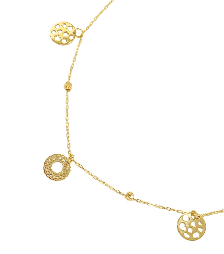 Closeup of Claire Charms Necklace in 18k Gold Adjustable Length Yellow with Hallmark Stamp Metal One Size 2.1gms