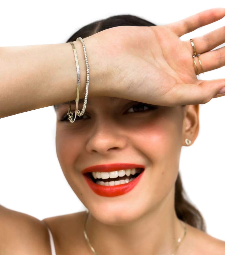 Alternate View of Model Wearing Three-Toned Luxe Herringbone Bracelet in 18K Gold Fixed Length 18k Yellow with Hallmark Stamp Metal 7.5 inches 1.7gms