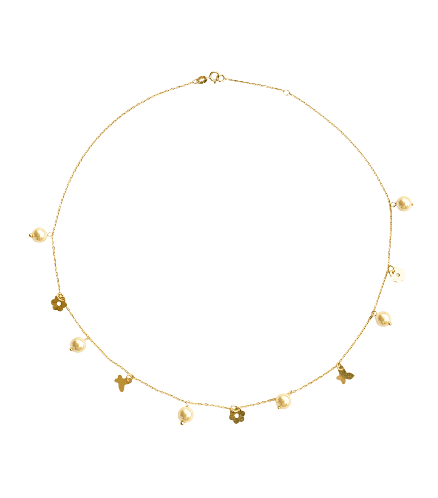 Front View of Farasha Charm Necklace in 18k Gold Fixed Length Yellow with Hallmark Stamp Metal One Size 4.2gms