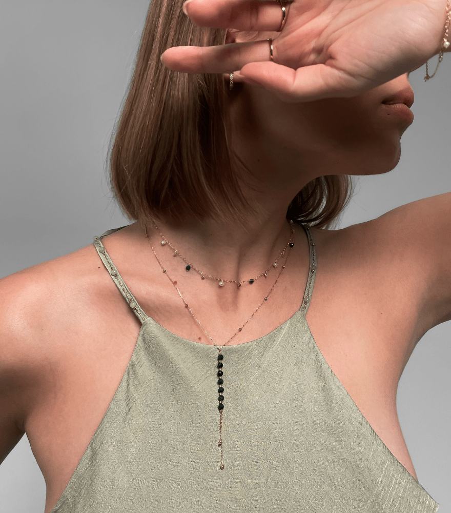 Alternate View of Model Wearing Lilian Lariat Necklace in 18K with Beaded Accents Fixed Length 18k Yellow Gold Hallmark Stamp Metal One Size 2.6gms