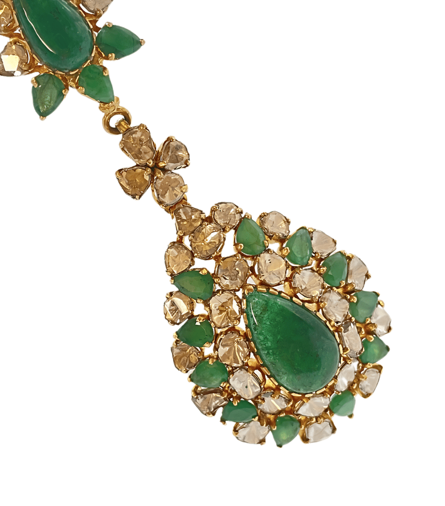 Closeup of Anisa Earrings in 18k Yellow Gold Jewelry for Pierced Ears with Hallmark Stamp Metal Stone 8 cm 37.7gms