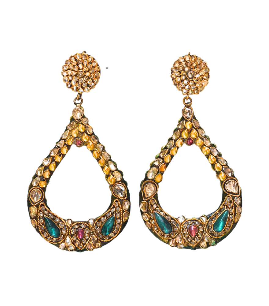 Front View of Aarya Reversible Diamond Earrings in 18k Gold Jewelry for Pierced Ears Yellow with Hallmark Stamp Metal Stone One Size 43.4gms