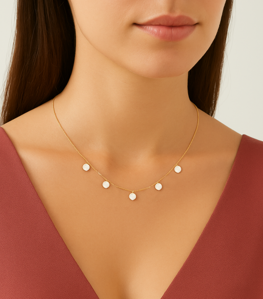 Model Wearing Nisa Mother of Pearl Necklace in 18K Gold Adjustable Length 18k Yellow with Hallmark Stamp Metal One Size 2gms