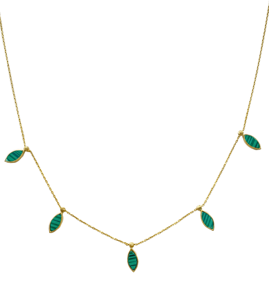 Front View of Hala Malachite Necklace in 18k Gold Adjustable Length Yellow with Hallmark Stamp Metal One Size 1.8gms